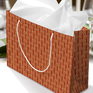Grand Sac Cadeau Motif Art Déco Élégant Arches Rouge Or Chic