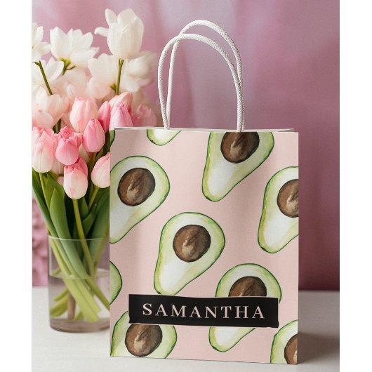 Grand Sac Cadeau Motif Avocado Rose Et Vert Moderne Avec Nom