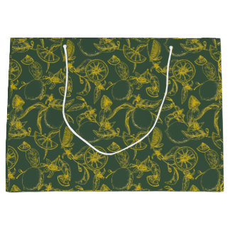 Grand Sac Cadeau Motif botanique de citron sur fond vert avec étiqu