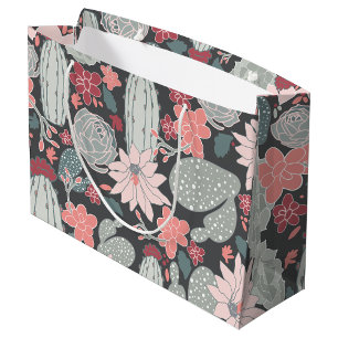 Grand Sac Cadeau Motif Cactus Succulente Rose Vert Marron