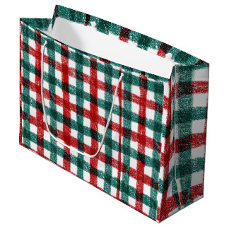 Grand Sac Cadeau Motif carreau de Noël rouge et vert dessiné à la m