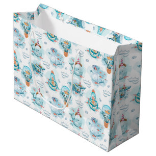 Grand Sac Cadeau Motif d'aquarelle de la belle baleine nautique