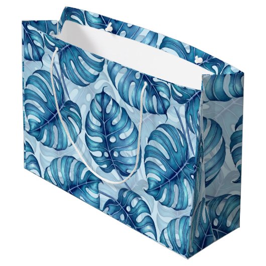 Grand Sac Cadeau Motif d'aquarelle Monstera bleu (Dos Angle)