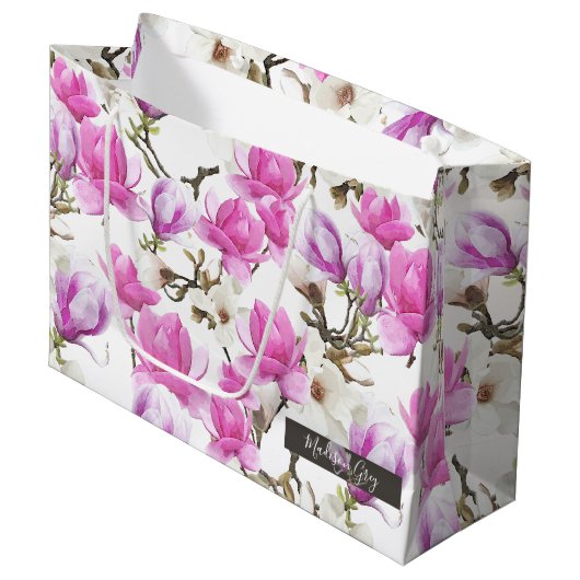 Grand Sac Cadeau Motif d'aquarelle rose et blanc Magnolia Blossom (Devant Angle)