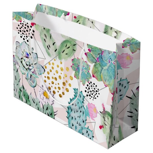 Grand Sac Cadeau motif de cactus et triangles aquarelle (Dos Angle)