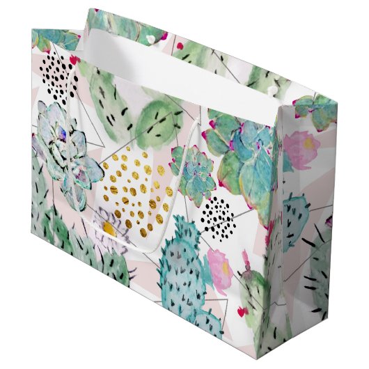 Grand Sac Cadeau motif de cactus et triangles aquarelle (Devant Angle)