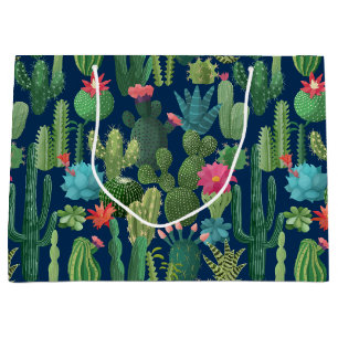 Grand Sac Cadeau Motif de cactus Turquoises verts en fleurs