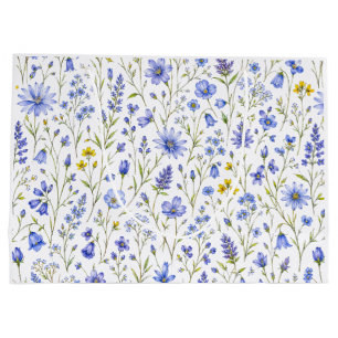Grand Sac Cadeau Motif de fleur sauvage aquarelle bleu jaune vert