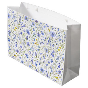 Grand Sac Cadeau Motif de fleur sauvage aquarelle bleu jaune vert