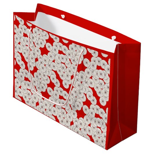 Grand Sac Cadeau Motif de fleurs Art Déco - blanc sur rouge (Devant Angle)