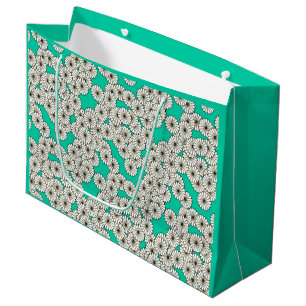 Grand Sac Cadeau Motif de fleurs Art déco - blanc sur turquoise