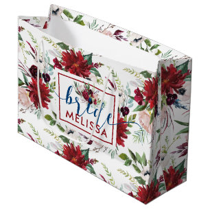 Grand Sac Cadeau Motif de fleurs bordeaux et bleu marine