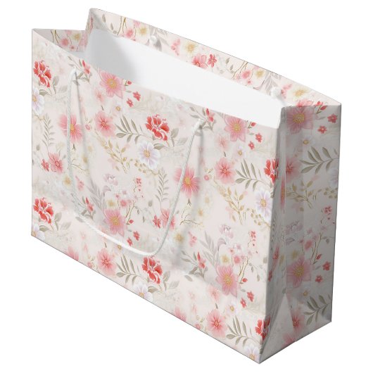 Grand Sac Cadeau Motif de fleurs roses pastel rouge blanc (Devant Angle)