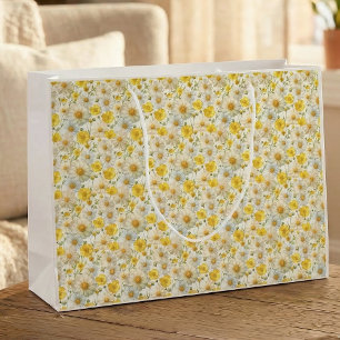 Grand Sac Cadeau Motif de fleurs sauvages à l'aquarelle jaune