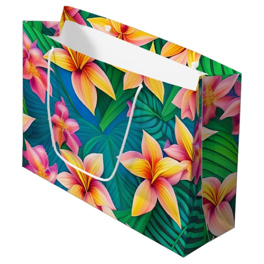 Grand Sac Cadeau Motif de fleurs tropicales hawaïennes (Devant Angle)