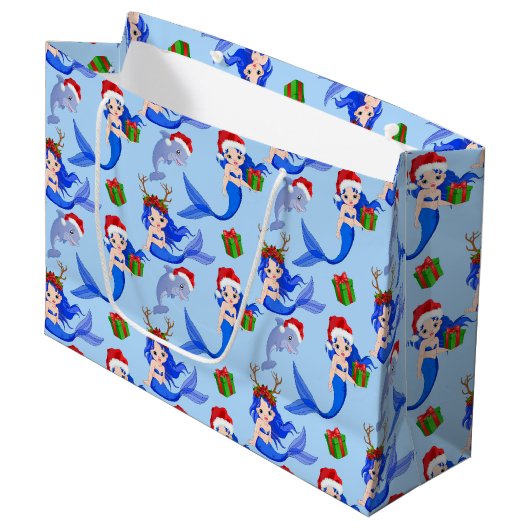 Grand Sac Cadeau Motif de la sirène de Noël (Devant Angle)