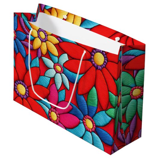 Grand Sac Cadeau Motif de marguerite brodé (Devant Angle)