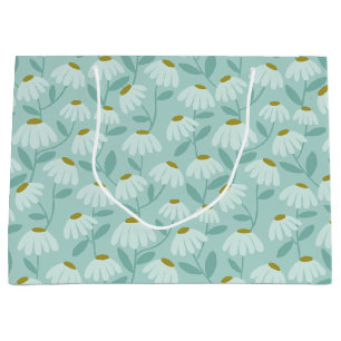 Grand Sac Cadeau Motif de marguerites florales bleu sarcelle et ver