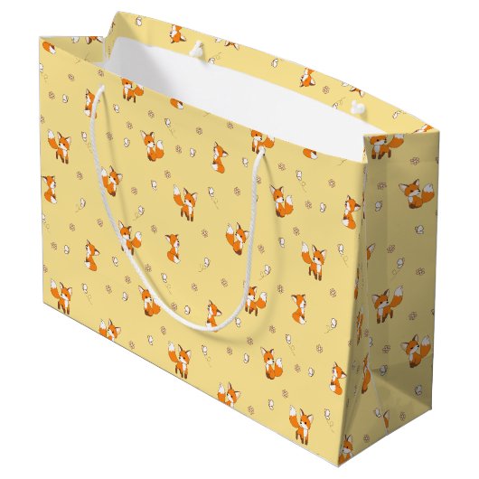 Grand Sac Cadeau Motif de mignons petits renards sur jaune (Dos Angle)