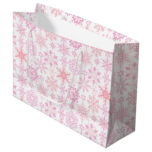 Grand Sac Cadeau Motif de neige rose (Devant Angle)