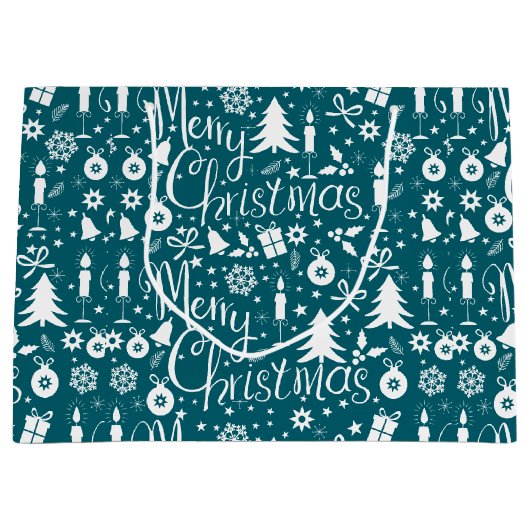 Grand Sac Cadeau Motif de Noël bleu-vert blanc (Devant)