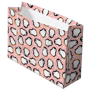 Grand Sac Cadeau Motif de pingouin rose mou