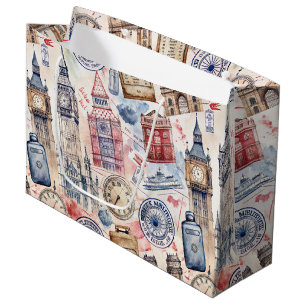 Grand Sac Cadeau Motif de timbre de voyage dans le monde vintage (5