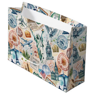 Grand Sac Cadeau Motif de timbre de voyage dans le monde vintage (6