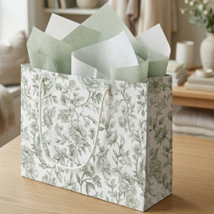 Grand Sac Cadeau Motif de toile vintage floral vert sauge