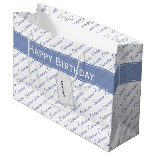 Grand Sac Cadeau Motif de typographie bleu/blanc Centenarian - 100e (Devant Angle)
