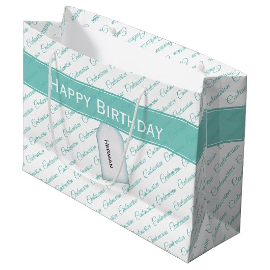 Grand Sac Cadeau Motif de typographie Turquoise/blanche Centenaire  (Devant Angle)