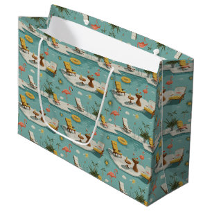 Grand Sac Cadeau Motif d'été au bord de la piscine aux flamants ros