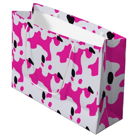 Grand Sac Cadeau Motif d'impression de vache rose et noire (Devant Angle)