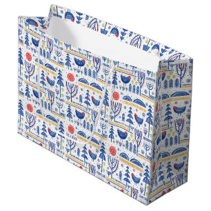Grand Sac Cadeau Motif d'oiseau d'hiver d'art populaire