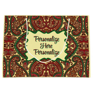 Grand Sac Cadeau Motif élégant paisley victorien rouge vert or