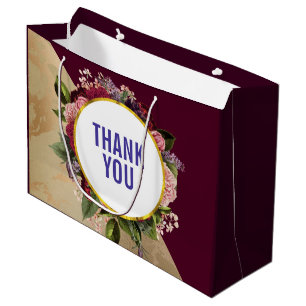 Grand Sac Cadeau Motif en marbre d'or et Merci de fleurs de Bourgog