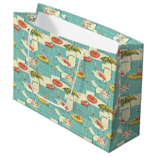 Grand Sac Cadeau Motif Estival Rétro Flamingo au Bord de la Piscine