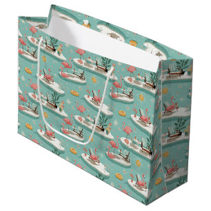 Grand Sac Cadeau Motif Estival Rétro Flamingo au Bord de la Piscine