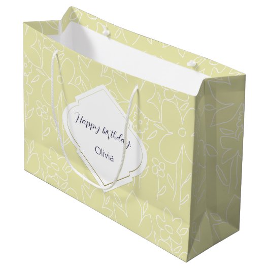 Grand Sac Cadeau Motif Fleur sauvage blanc jaune Monogramme (Devant Angle)