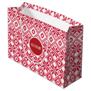 Grand Sac Cadeau Motif Flocon de Neige Nordique Nom Personnalisé No