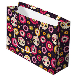 Grand Sac Cadeau Motif floral de crâne mexicain de sucre