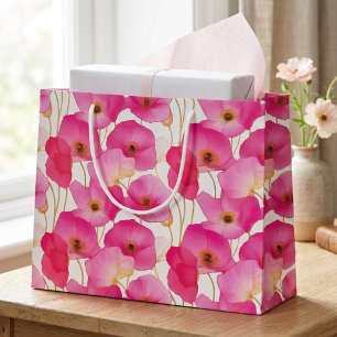 Grand Sac Cadeau Motif floral de pavot rose vibrant