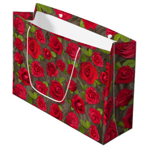 Grand Sac Cadeau Motif Floral De Roses Rouges Et Roses Foncés