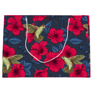 Grand Sac Cadeau Motif floral tropical à fleurs d'Hibiscus blanc