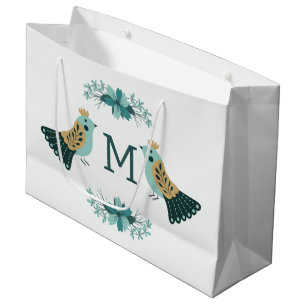 Grand Sac Cadeau Motif folklorique scandinave avec oiseaux et fleur