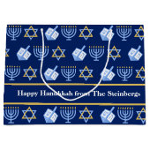 Grand Sac Cadeau Motif Hanoukka Blue Menorah Dreidel (Devant)