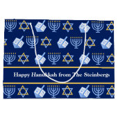 Grand Sac Cadeau Motif Hanoukka Blue Menorah Dreidel (Dos)