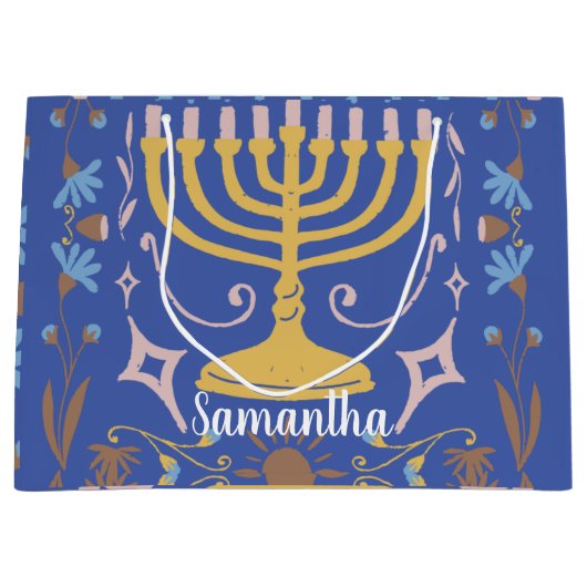 Grand Sac Cadeau Motif Hanoukka personnalisé (Devant)