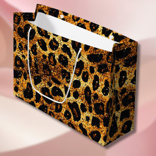 Grand Sac Cadeau Motif Léopard Marron Doré Pailleté Luxe