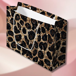 Grand Sac Cadeau Motif Léopard Noir Marron Or Pailleté Luxe